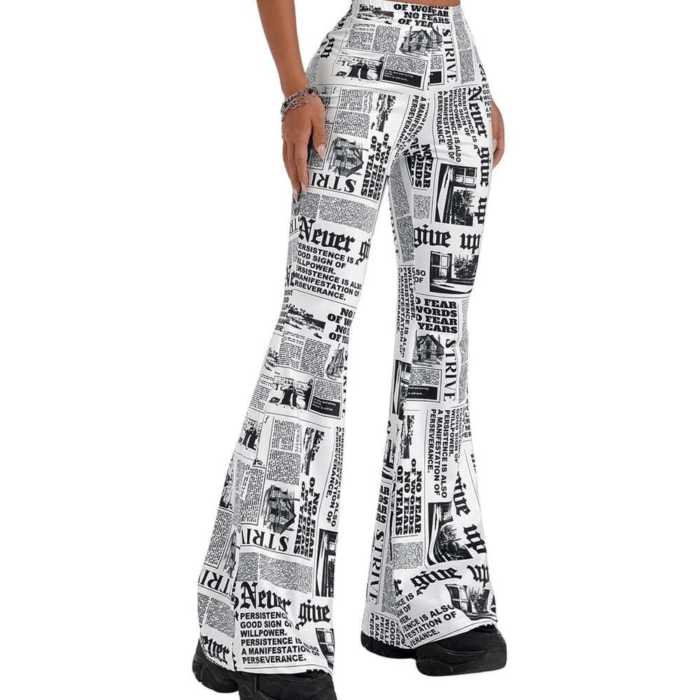 Newspaper Print High Waisted Flare Pants Black White Stretch Bell Bottoms M